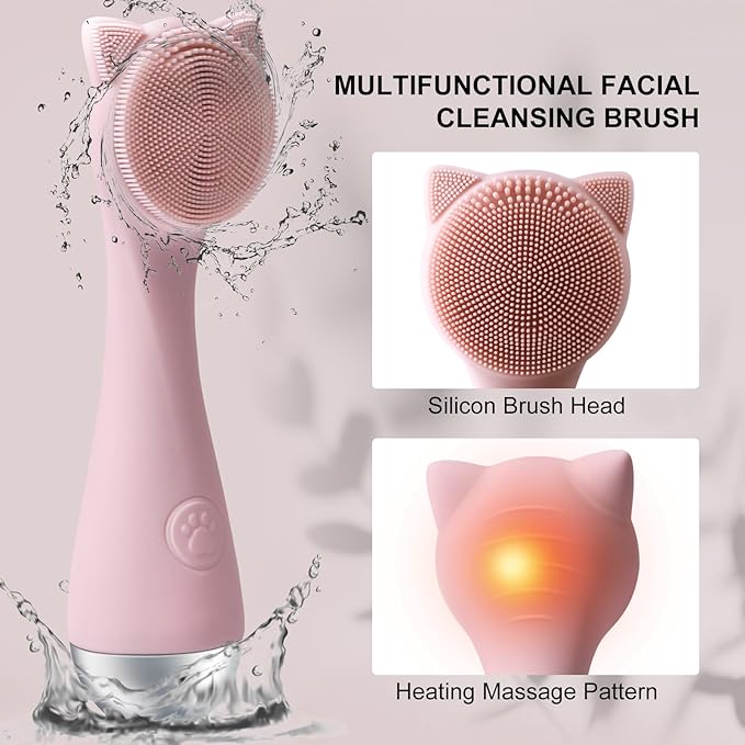 Facial Cleansing Brush, Silicone Face Scrubber Exfoliator for Men & Women, Electric Face Brush Waterproof, with 3 Speeds Adjustable for Deep Cleaning, Removing Blackhead, Face Massaging (Pink)