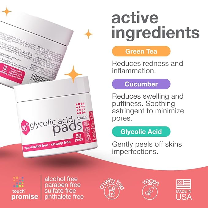 TOUCH 20% Glycolic Acid Pads Exfoliating And Resurfacing AHA Peel Face Wipes - Great for Dullness, Pores, Scars, Fine Wrinkles, Uneven Skin Tone & Texture, 50 Count