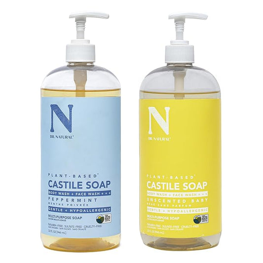 Dr. Natural Castile Liquid Soap - Multi-Use Body Wash, Shampoo, Face Wash - Hydrating Body Soap for Skin, Hair - Peppermint, Unscented Baby- 2 pc