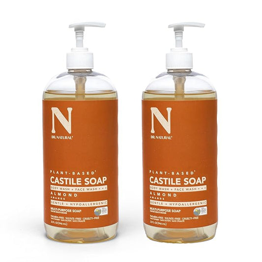 Dr. Natural Castile Liquid Soap - Multi-Use Body Wash, Shampoo and Face Wash - Hydrating Body Soap for Skin, Hair, Pets and Home - Almond - 2 pc