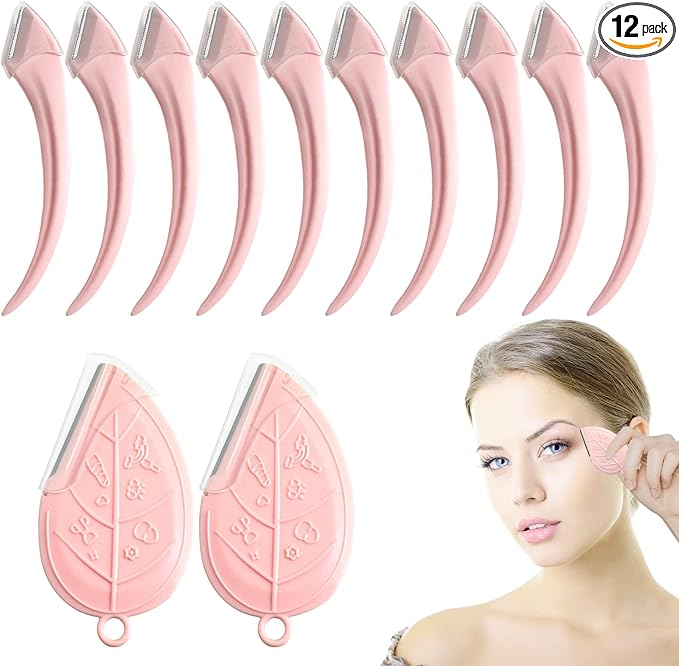 ONEUPIN 12PCS Eyebrow Trimmer Set Stainless Steel Leaves Curved Eyebrow Razor Trimmer Facial Shaver Razor Brow Shaper Suitable for Any Skin Type Hair Removal Accessories for Men Women（Pink）