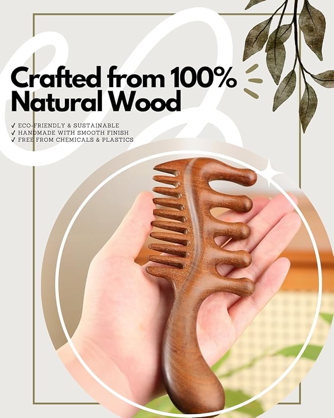 Wooden Scalp Massager Comb – Natural Wood Wide & Fine Tooth with Handle for Hair Growth, Scalp Care & Stress Relief – Detangling Tool for All Hair Types