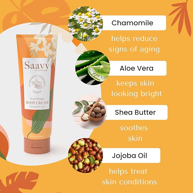 Saavy Naturals Sweet Orange Body Cream for Men & Women, Absorbent Shea Butter Vegan Formula, Thick and Creamy, Naturally Scented Body Lotion for Dry Skin, 8.5 Oz, 2 Pack. Made in the USA