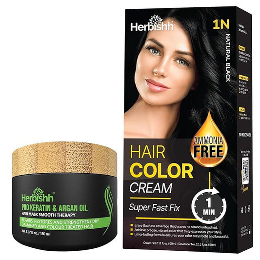 Black Rapid Infusion Hair Color Cream, Permanent Hair Dye in One Minute with Comb Applicator and Argan Oil Deep Conditioning Hair Mask 5.07 FL OZ Combo Pack