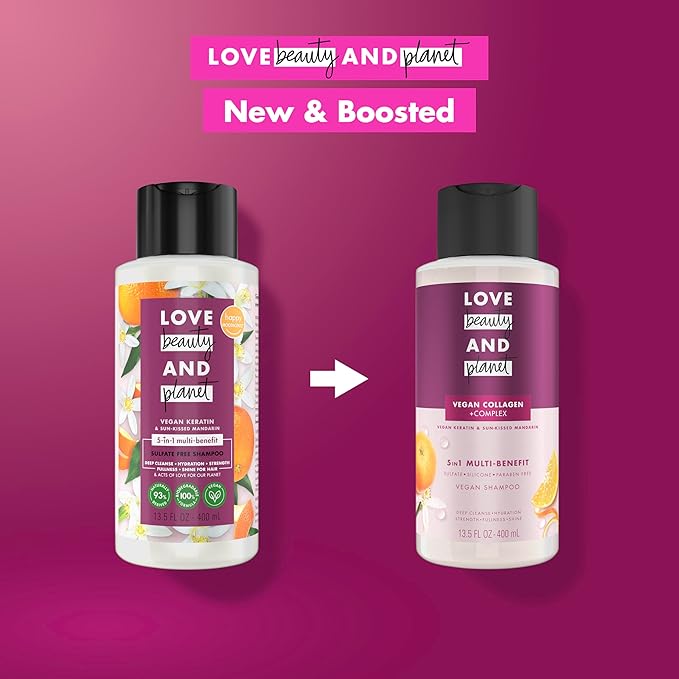 Love Beauty and Planet 5-in-1 Multi-Benefit Shampoo Vegan Keratin Collagen & Sun-Kissed Mandarin for a Deep Cleanse, Hydration, Strength, Fullness & Shine, 13.5 oz