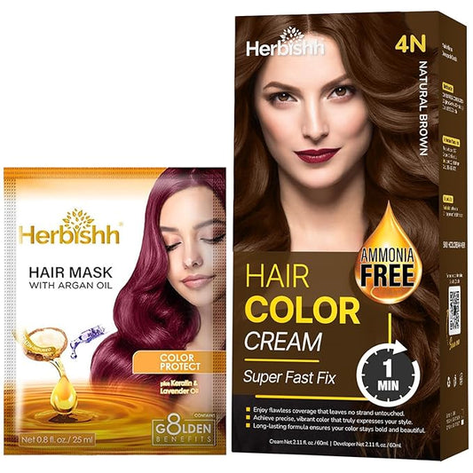 Natrual Brown Rapid Infusion Hair Color Cream, Permanent Hair Dye in One Minute with Comb Applicator and Argan Oil Deep Conditioning Hair Mask 0.8 FL OZ Combo Pack