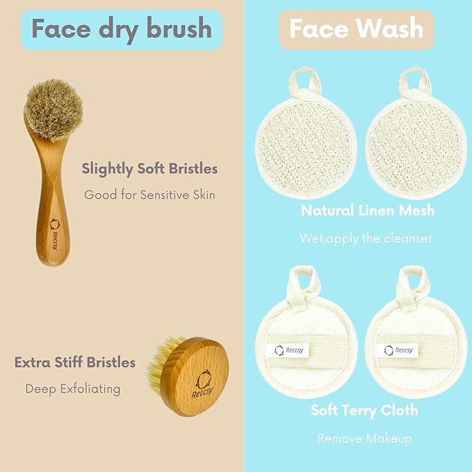 Face Dry Brush for Lymphatic Drainage Set,Exfoliating Face Brush+Face Scrubber for Women+4pcs Organic Facial Exfoliating Pads Reusable.Wooden Small Soft Bristle Facial Brushes for Cleaning.