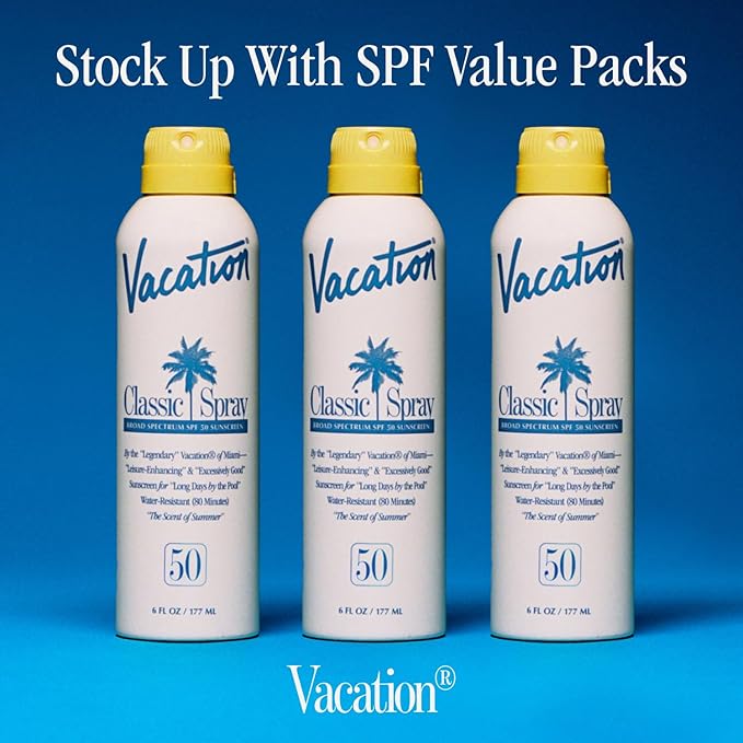 Vacation Classic Spray Sunscreen SPF 50 3-Pack, Broad Spectrum Sunscreen Spray, Vegan Sunblock Spray, Body Lotion with SPF, Spray Sunscreen SPF 50, 6 fl. oz. (Pack of 3)
