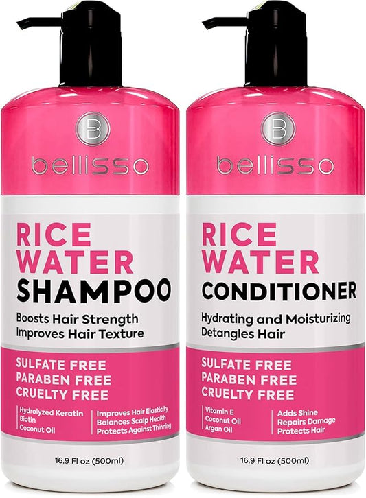 Rice Water Shampoo and Conditioner Set - Sulfate Free for Thin and Fine Hair - Fuller, Thickening Formula for Women and Men - With Strengthening Saw Palmetto - Anti Thinning, Volumizing for Thick Hair