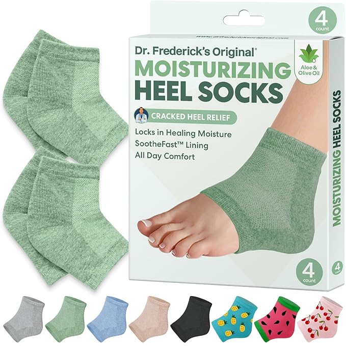 Dr. Frederick's Original Moisturizing Heel Socks for Cracked Heel Treatment - 2 Pairs - Socks for Dry Feet - Cracked Skin Repair & Overnight Hydration - Foot Care for Women & Men - Green Aloe