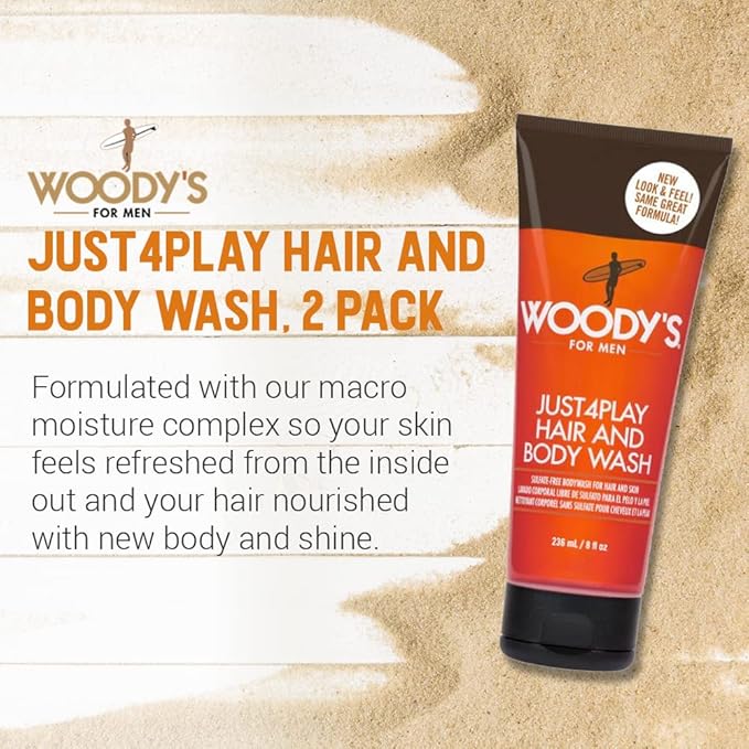 Woody's 2-in-1 Hair and Body Wash for Men - Sulfate-Free, Hydrating, Refreshing Scent, Daily Cleanser for Hair & Skin, 8 oz, 2-Pack
