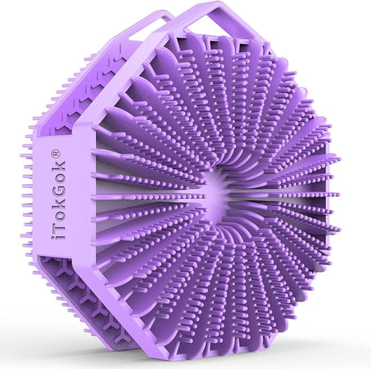 iTokGoK® Premium Silver-Infused Dual-Sided Design 2-in-1 Silicone Body Scrubber for Shower,Body Brush Buffer Scrubber for Men and Women for All Skin, Ergonomic No-Slip Handle, Easy to Clean - (Purple)