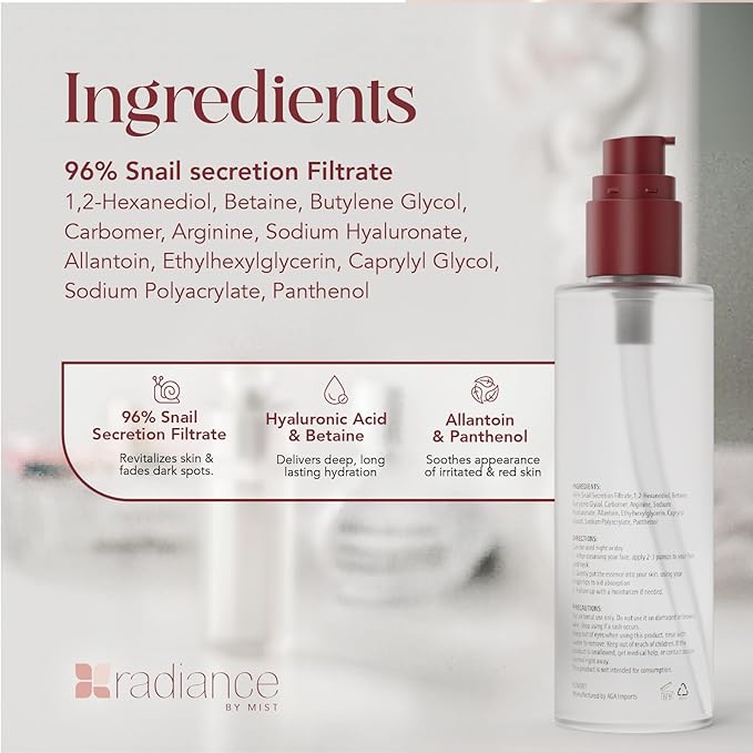 Radiance Snail Mucin Serum with Advanced Snail 96% Mucin Power Essence, Korean Skin Care with Hydrating Hyalauronic Acid Korean Serum, 3.38 fl oz, 100ml