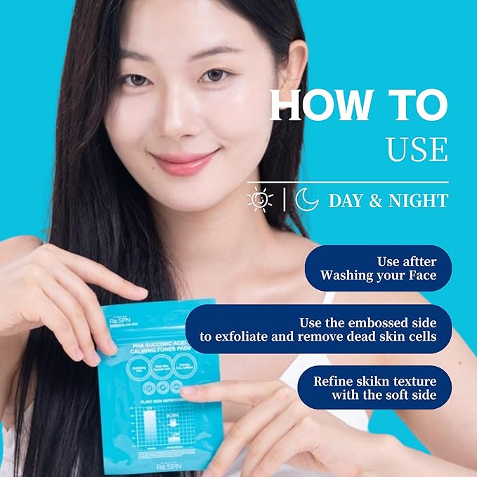 Re.SPN PHA Succinic Acid Calming Toner Pads – Daily Exfoliating, Hydrating and Soothing with CICA, Caffeine, Non-comedogenic, Vegan, Glass Skin, K-Beauty (35 Count)