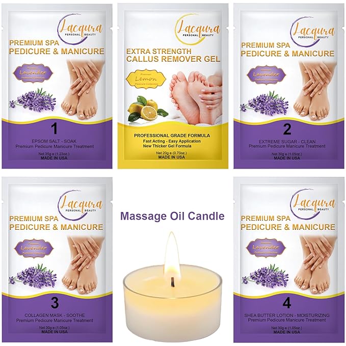 6-Step Foot Care System with Epsom Salt Soak, Callus Remover Gel, Sugar Scrub, Collagen Mask, Shea Butter Lotion, Massage Oil Candle + Disposable Pedicure Kit 5-1, Liner & Slippers. Lavender 12 Set