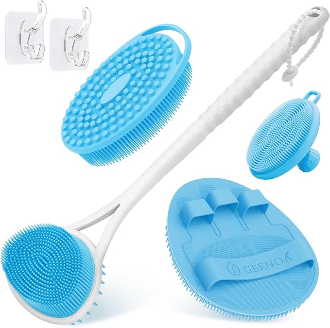 Silicone Back Body Face Scrubbers Set 4PCS, 15.35’’ Back Scrubber Soft Body Scrubber for Dual-Side Usage, Easy-to-Hold Soft Bath Glove & Face Scrubber for Good Foaming Deep Cleaning(Blue)