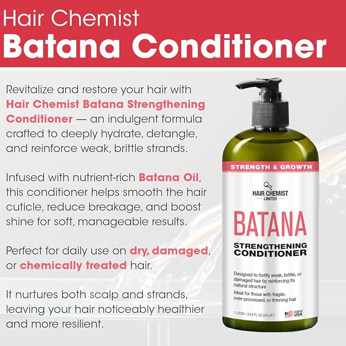 Hair Chemist Batana Strengthening Large Shampoo, Conditioner and Hair Oil Set (3-PC SET) - Batana Shampoo and Conditioner for Hair Growth, Thickening and Strength, Batana Hair Oil