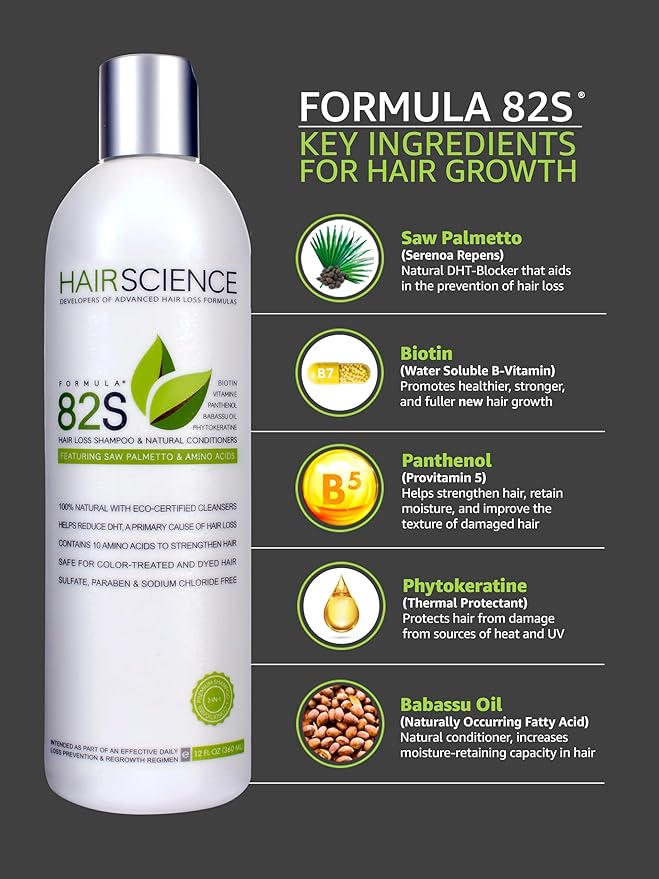 Hair Science Formula 82S | DHT-Blocking Shampoo for Thinning Hair | Featuring Saw Palmetto, Biotin, Panthenol, Keratin, Provitamins, & Amino Acids | Sulfate-Free & Color-Safe | For Men & Women | 12oz