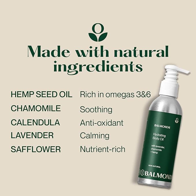 Balmonds Hydrating Body Oil - 100% Natural Skin Oil For Dry & Sensitive Skin, Fragrance Free & Made With Chamomile & Lavender, Vegan & Cruelty Free (6.8 oz)