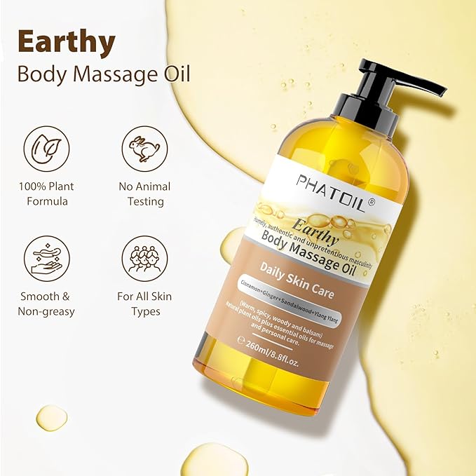 Sandalwood Body Oil for Men with Ginger, YlangYlang, Cinnamon, 260ml Large Bottle Body Oil for Skin, 8.8 fl.oz Premium Moisturizer Oil for After Shower, Great for Skin and Body Care