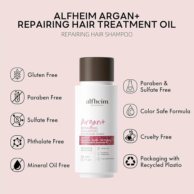 Alfheim Argan+ Repairing Shampoo | Argan Oil & Keratin for Dry, Damaged & Brittle Hair | Hydrating & Strengthening Sulfate-Free Shampoo | Color-Safe & Frizz Control | 10.7 fl oz
