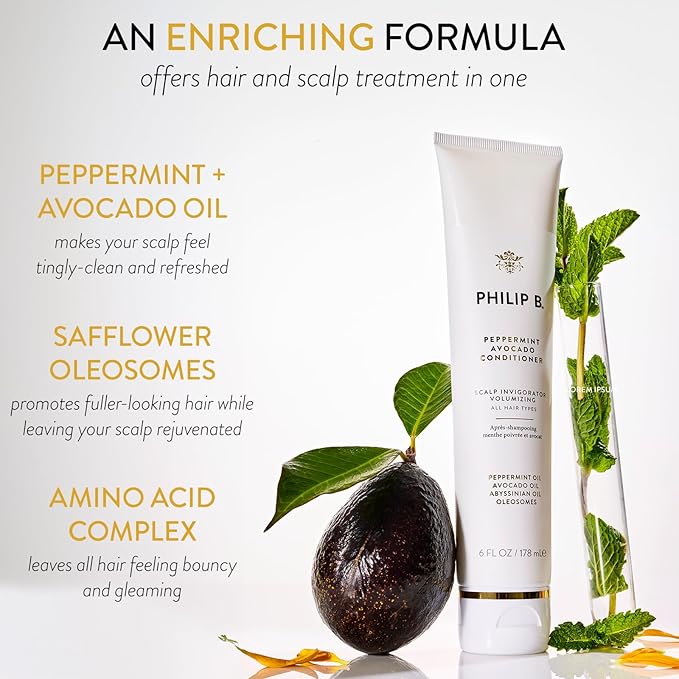 PHILIP B Peppermint Avocado Conditioner, 6 fl. oz. (178 ml) - Adds Volume to Hair While Peppermint Oil and Eucalyptus Invigorates the Scalp With a Tingly Sensation