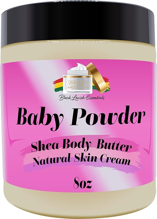 Ultra-Soft Shea Body Butter, Dry Skin Cream for Radiant Moisturized Skin, Natural Hydrating Body Lotion with Aloe Vera, Argan Oil, Rosehip Oil, (Baby Powder, 8oz)
