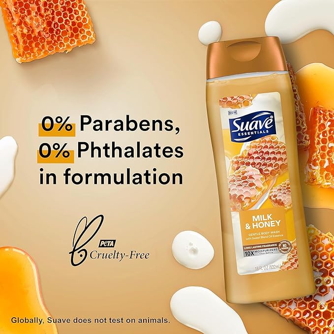 Suave Moisturizing Body Wash, with Milk & Honey and Vitamin E Extract, No Parabens, No Phtahaltes, 18 Oz Pack of 6