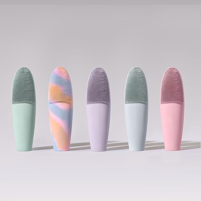 LOLLIPOP Dual-Sided Facial Cleansing Brush | Handle Size Silicone Face Exfoliator and Soft Fiber Cleanser | Manual Face Scrubber for Pores, Makeup Removal, Blackhead and Skincare Routine, Minty