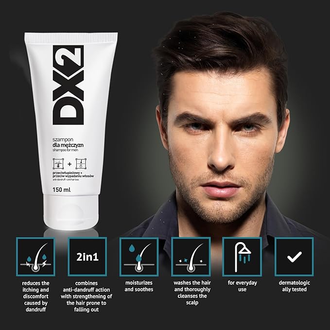 DX2 - Anti-Dandruff + Anti Hair-Loss Shampoo for Men - Double-Action Formula, Eliminates Dandruff and Hair Loss, Everyday Use - 150ml