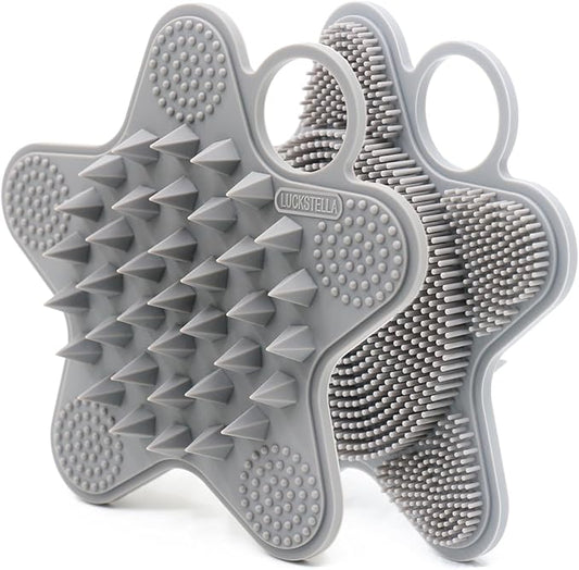 LUCKSTELLA 100% Silicone Dual-Sided Shower Brush – Star-Shaped Body Scrubber & Scalp Massager, Gentle for Hair & Skin (Silver-Gray)