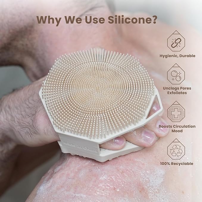 iTokGoK® Silver-Infused 2-in-1 Silicone Body Scrubber, Double-Sided Design Body Brush Scrubber Exfoliating Brushes for Sensitive Skin for Showering for Women Silicone Loofah- Sand Pink