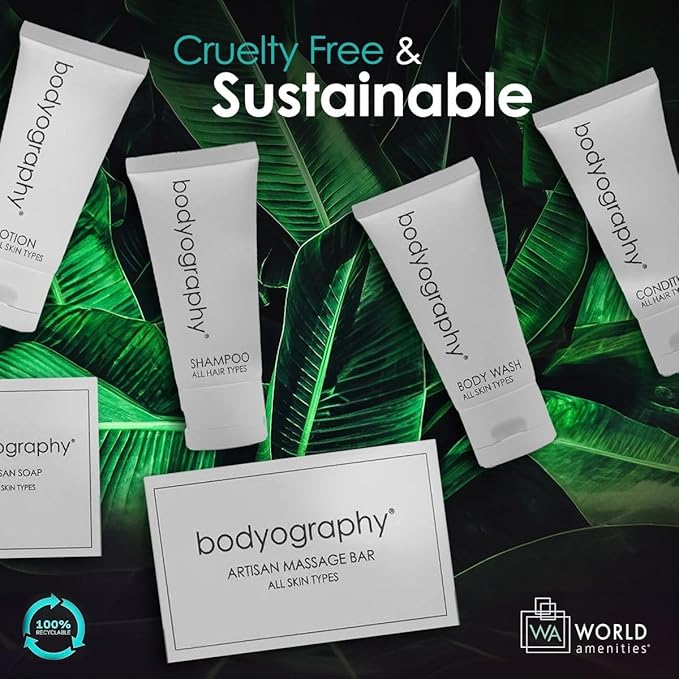 Bodyography Blanc Mini Travel Size Toiletries Bathroom Kit | Vanilla White Tea| Shampoo, Conditioner, Body Wash, Lotion, Artisan Soap & Massage Bar