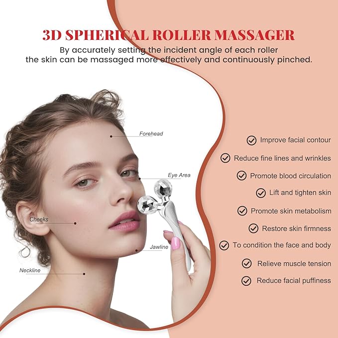 3D Facial Massager Rollers Facial Lifting Massager, Skin Care Face Body Massager Firming Tools for Body Relaxation Massage, Kneading, Body Slimming and V-Shaped Face Lift, Anti-Wrinkle (Silver)