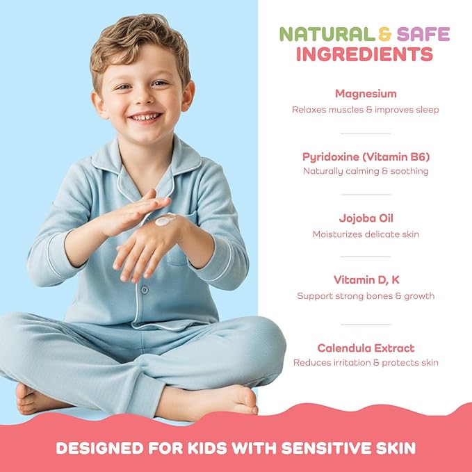 Magnesium Lotion for Kids & Babies Sleep – Unscented Bedtime Body Cream with Natural Ingredients for Sensitive Skin – Topical Magnesium, Multi Vitamins Moisturizer for Relaxation, Soothing Relief
