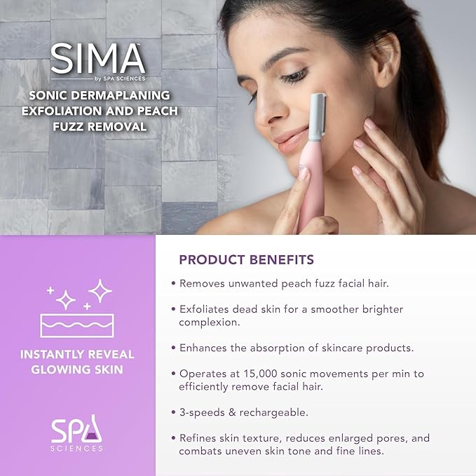 SPA SCIENCES - SIMA Patented Dermaplane Razor for Women Face – Painless 2-in-1 Facial Exfoliation & Peach Fuzz Hair Removal – Anti-Aging – 3 Speeds – Rechargeable – 7 Weeks Treatment