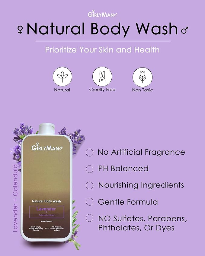 GirlyMan Natural Body Wash - Made with Olive Oil & Aloe Extract, No Artificial Fragrance, PH Balanced, Gentle Formula, Nourishing Ingredients, Family Owned (Lavender)