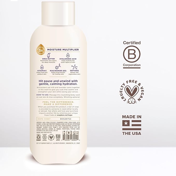 Soapbox Body Wash, Oatmilk & Lavender Liquid Body Wash, Moisturizing Soap with Shea Butter, Vegan Duo Pack of 2 Soap Bottles, 20oz Each