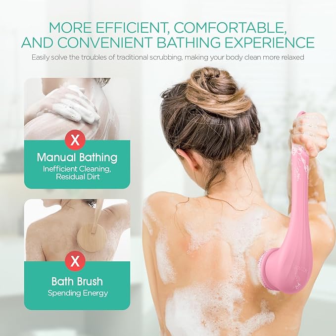 VOYOR Electric Body Brush Back Scrubber Silicone Body Scrubber Two-Way Rotating Brush Head for Deep Cleaning, Exfoliation, 4 Attachments Long Handle IPX6 Rechargeable Shower Brush BC300 (Pink)