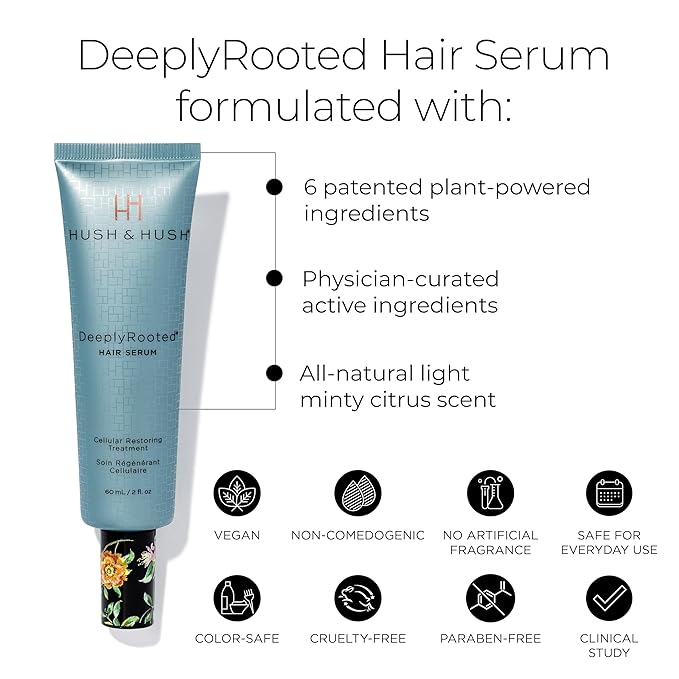 Hush & Hush DeeplyRooted Hair Serum - Cellular Restoring Treatment For Thin, Aging Hair - Plant Based Hair Care Products For Women & Men (60 mL / 2 fl. oz)