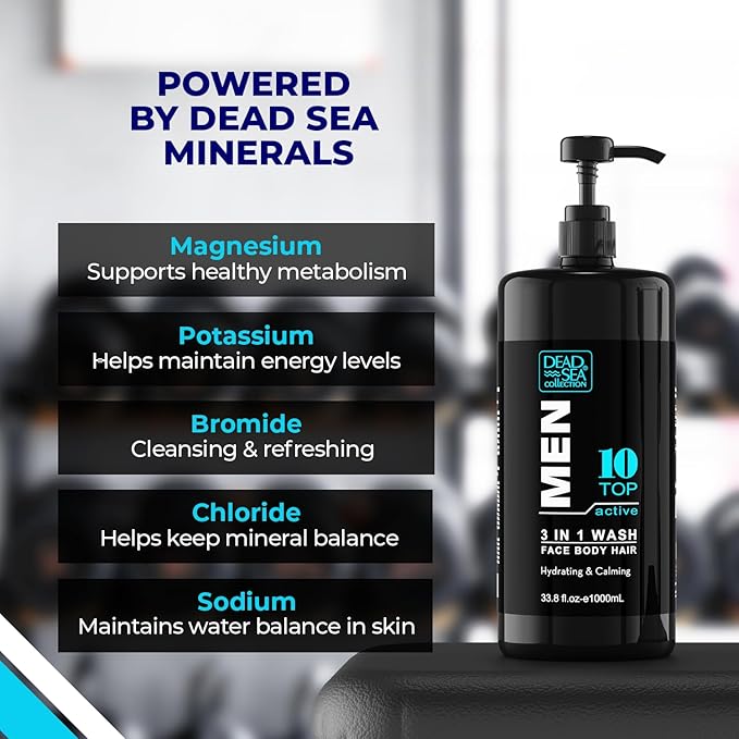 Dead Sea Collection TOP 10 ACTIVE Mens Body Wash 3 in 1 – Sandalwood Body Wash for Men – Shower Gel – Shampoo – Shower Soap for Face and Hair – Pack of 2 Bottles (33.8 Fl. Oz. Each)