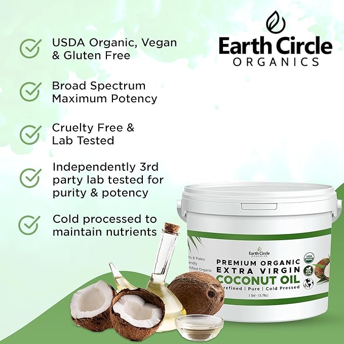 Earth Circle Organics Premium Ultra-Pure Unrefined Cold Pressed Extra Virgin Coconut Oil - Gluten-Free, Keto & Paleo Friendly - Raw Coconut Oil for Skin & Hair Care, Cooking, Baking & More - 1 Gallon