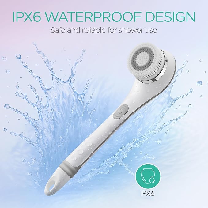 VOYOR Electric Body Brush Back Scrubber for Shower Rechargeable Exfoliating Bath Brush Powered Shower Brush with Non-Slip Long Handle Deep Cleansing, Exfoliation, Massaging Spin Brush BC100 (Gery)