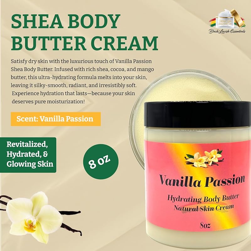 Ultra-Soft Shea Body Butter, Dry Skin Cream for Radiant Moisturized Skin, Natural Hydrating Body Lotion with Aloe Vera, Argan Oil, Rosehip Oil, (Vanilla Passion, 8oz)