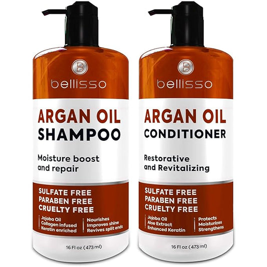 Moroccan Argan Oil Shampoo and Conditioner Set - Sulfate Free with No Parabens - Botanicals for Women and Men - Professional Moisturizing, Anti Frizz, Hydrating Solution for Dry, Wavy and Curly Hair