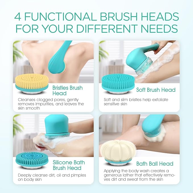 VOYOR Electric Body Brush Back Scrubber Silicone Body Scrubber Two-Way Rotating Brush Head for Deep Cleaning, Exfoliation, 4 Attachments Long Handle IPX6 Rechargeable Shower Brush BC300 (Blue)