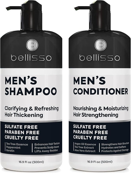 Mens Shampoo and Conditioner Set - Sulfate Free and Clarifying - For Men with Oily to Normal Hair - Moisturizing and Thickening - Biotin, Keratin, Tea Tree Oil, Caffeine and Peppermint for Dandruff