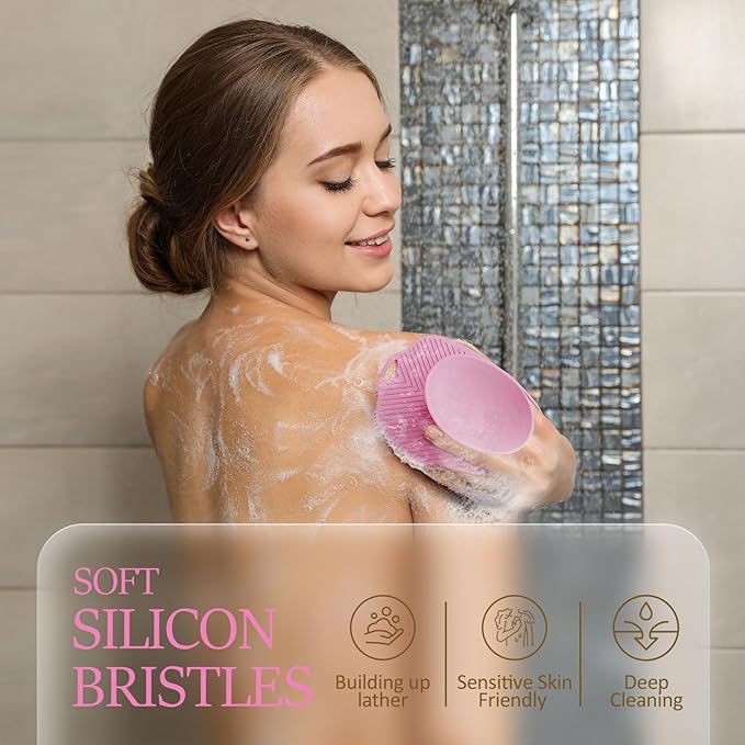 Soft Silicone Body Scrubber Gentle Like a Hand Exfoliating Your Skin and Build Up Lather Easily, Back Large Suction Cup Easy to Store, Long-Lasting & Deep Clean (Pink)