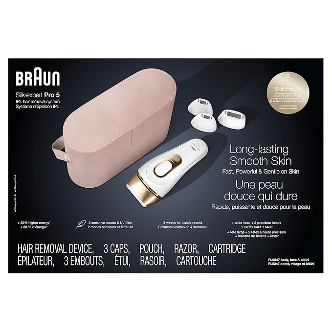 Braun IPL Silk·Expert, at Home Laser Hair Removal, Pro 5 PL5347 Latest Generation IPL, Holiday Gifts for Women and Men, Hair Removal System with Wide Head and Two Precision Heads