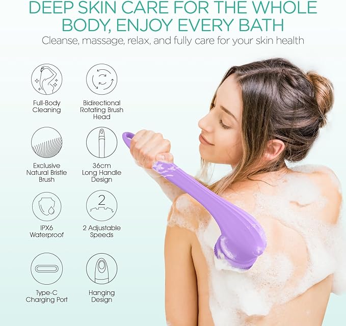 VOYOR Electric Body Brush Back Scrubber Silicone Body Scrubber Two-Way Rotating Brush Head for Deep Cleaning, Exfoliation, 4 Attachments Long Handle IPX6 Rechargeable Shower Brush BC300 (Purple)